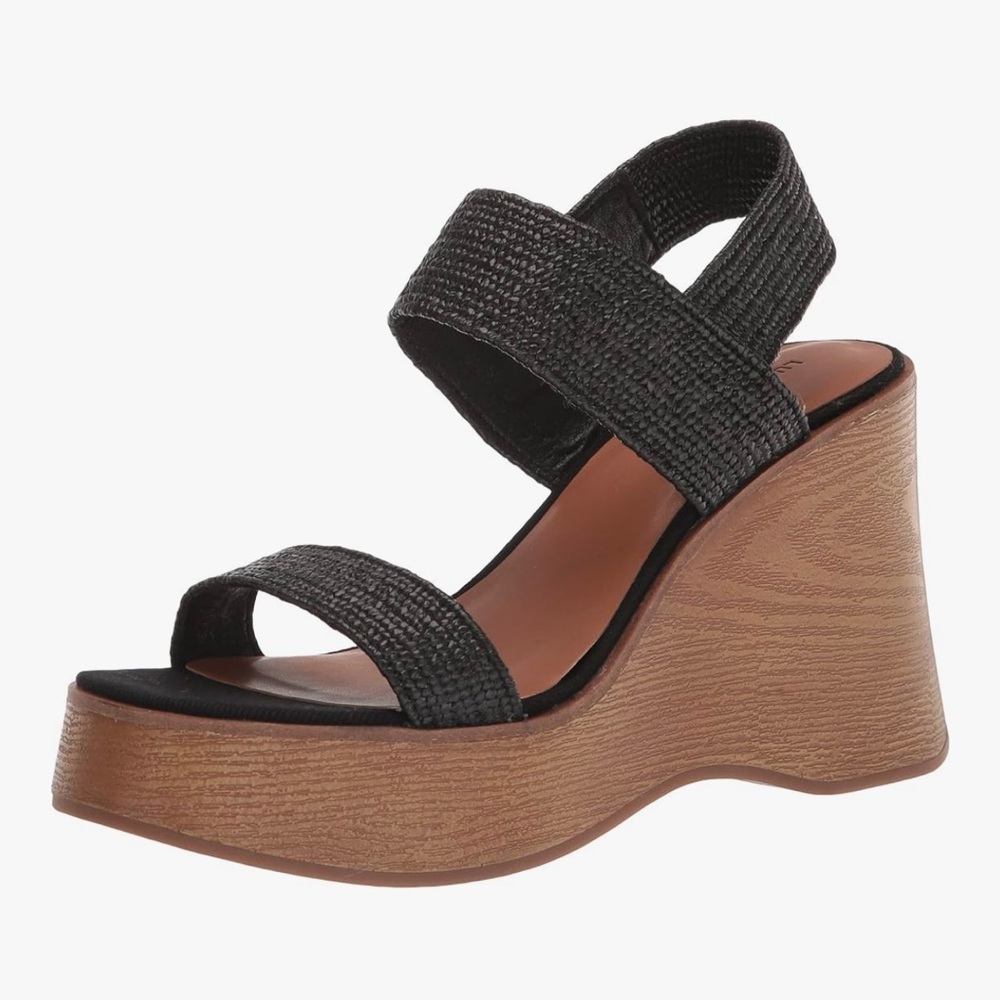 Lucky Brand Delukah Black Woven Slingback Platform Wedges